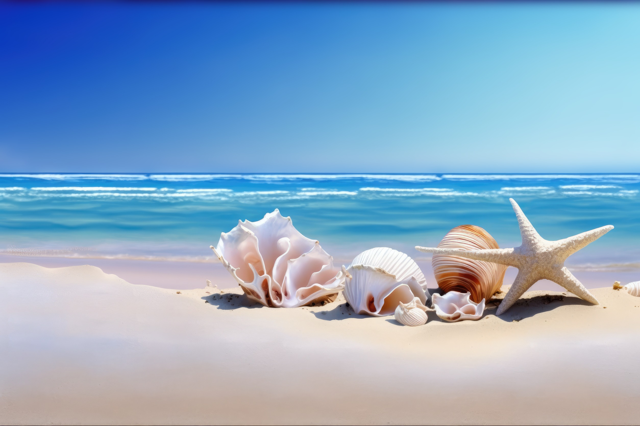 7月　July 　青い空の背景に海岸の貝殻