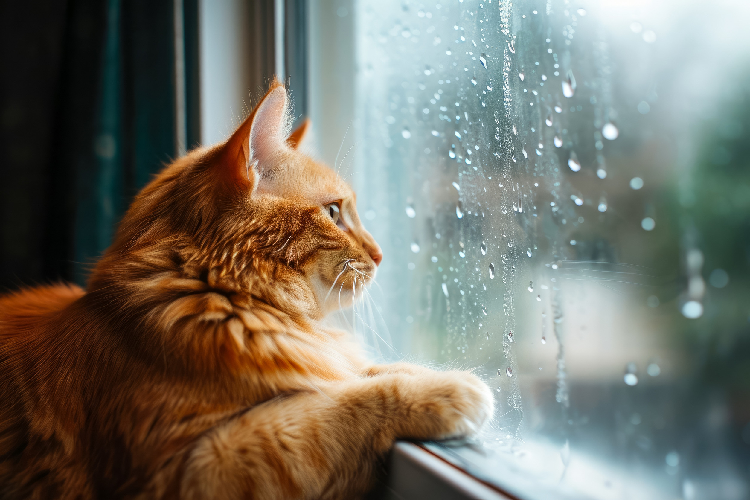 6月　JUNE  梅雨　窓越しの雨を見ている猫