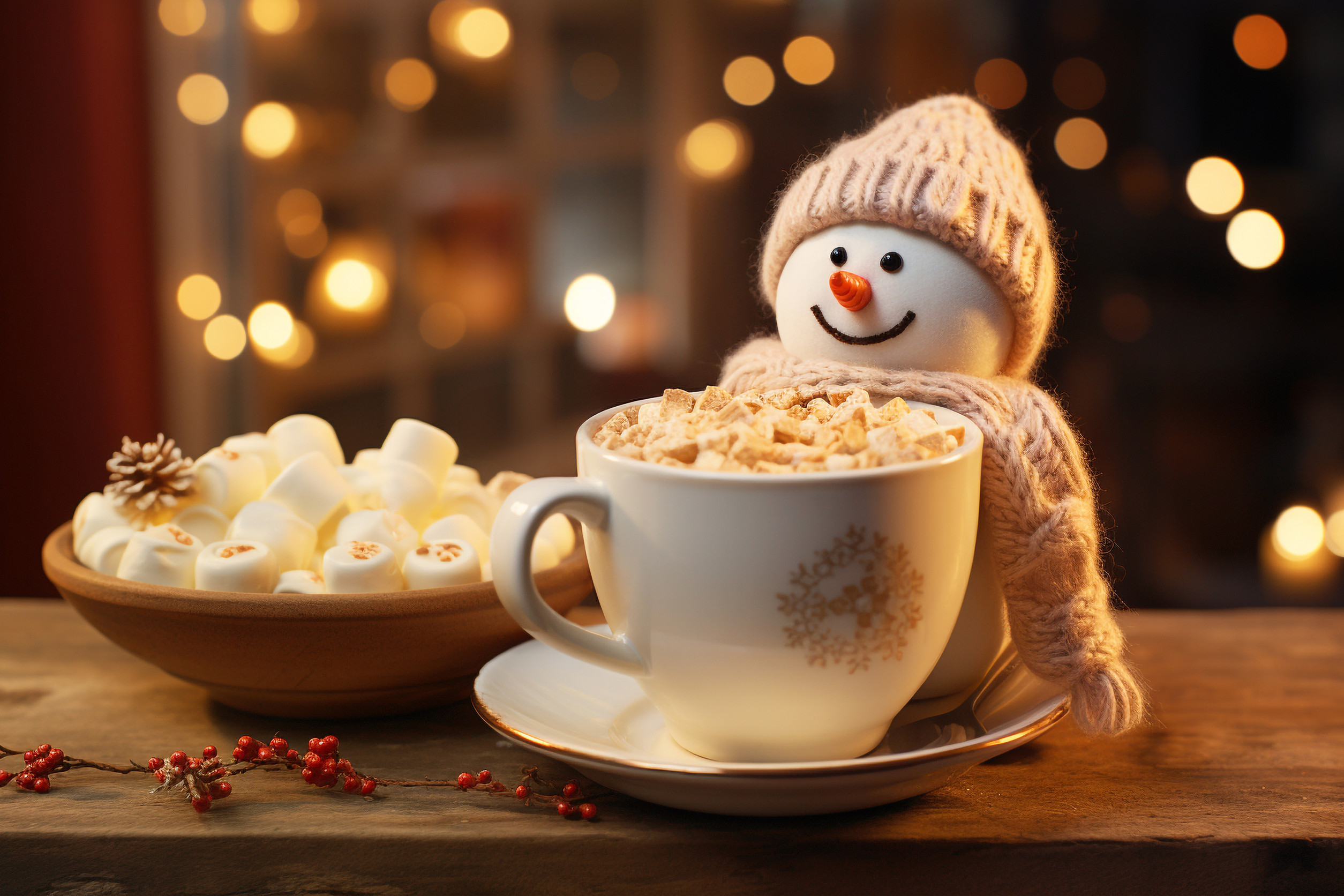 12月 December クリスマス 帽子とスカーフを持つ幸せな笑顔の雪だるまとホットチョコレート